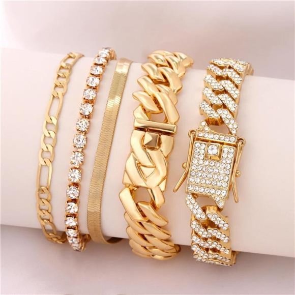 NEW 5 pcs Womens Gold Cuban Bracelets Set - Picture 1 of 5